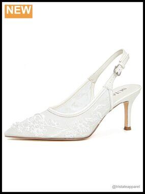 Lace Mesh Pearl Slingback Kitten Heel Pointed Toe Wedding Pumps
